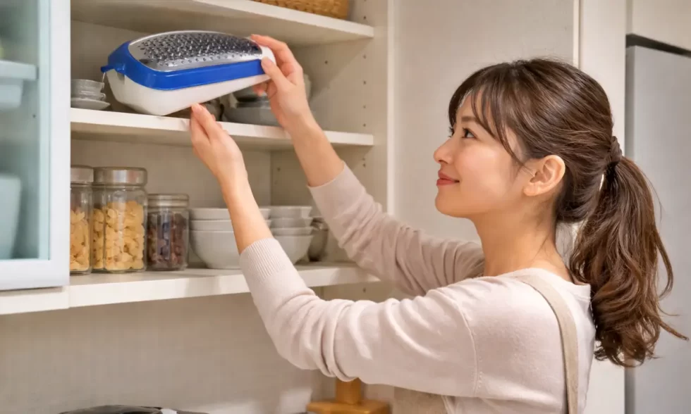 キッチンの棚の高いところに物をしまう母親