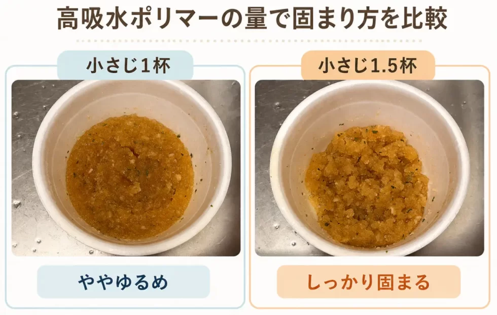 実際にカップラーメンの汁を高吸水ポリマーで固めた画像