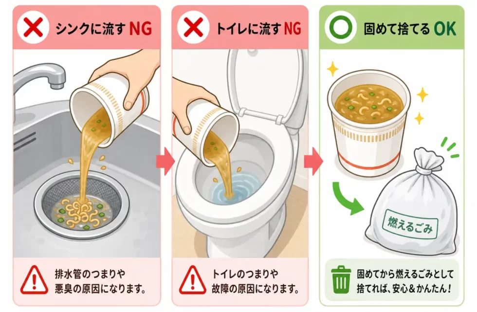 カップラーメンの汁の正しい処理方法とNGな処理方法