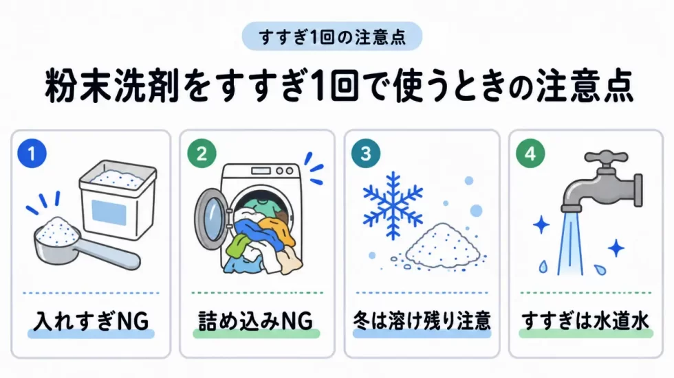 粉末洗剤をすすぎ1回で使うときの注意点をまとめた画像