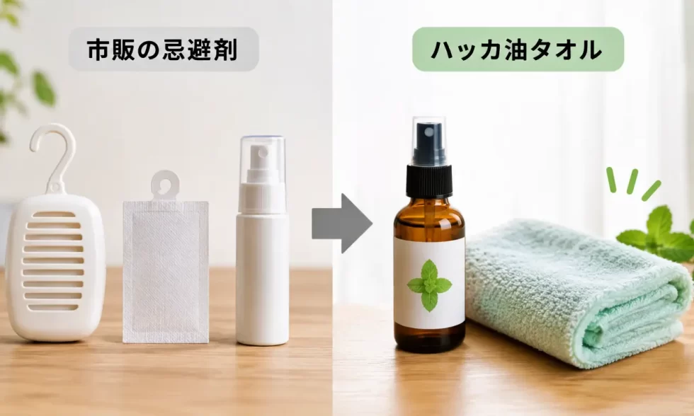 市販の忌避剤とハッカ油を対比した画像