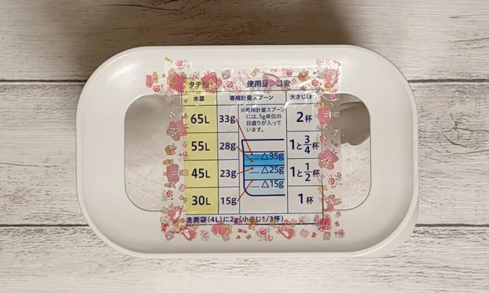 セフターEのパッケージから使用量の目安を切り取り、ケース蓋に貼っている写真